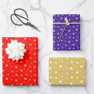 Hoja De Papel De Regalo Patrón de estrellas en azul, dorado y rojo