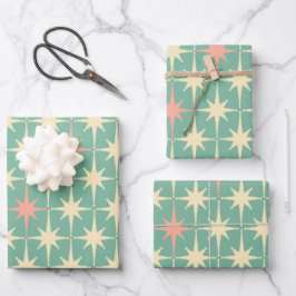 Hoja De Papel De Regalo Patrón de estrellas retro de los años 50 Verde azu
