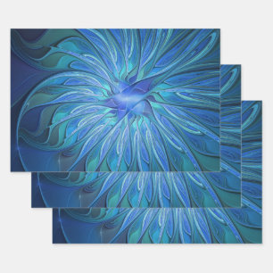 Hoja De Papel De Regalo Patrón de fantasía de flor azul, arte fractal abst