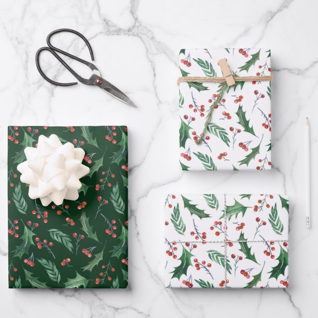 Hoja De Papel De Regalo Patrón de feriado de Berry Holly y Red (Anverso)