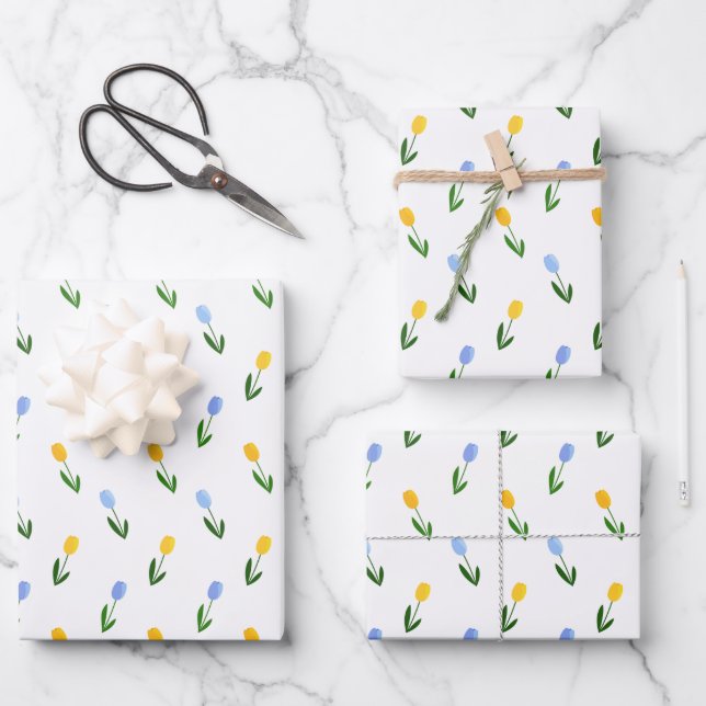 Hoja De Papel De Regalo Patrón de flor tulipán amarillo y azul (Anverso)