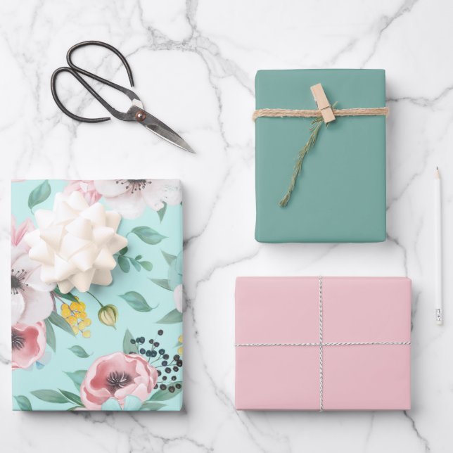 Hoja De Papel De Regalo Patrón de flor verde rosa (Anverso)