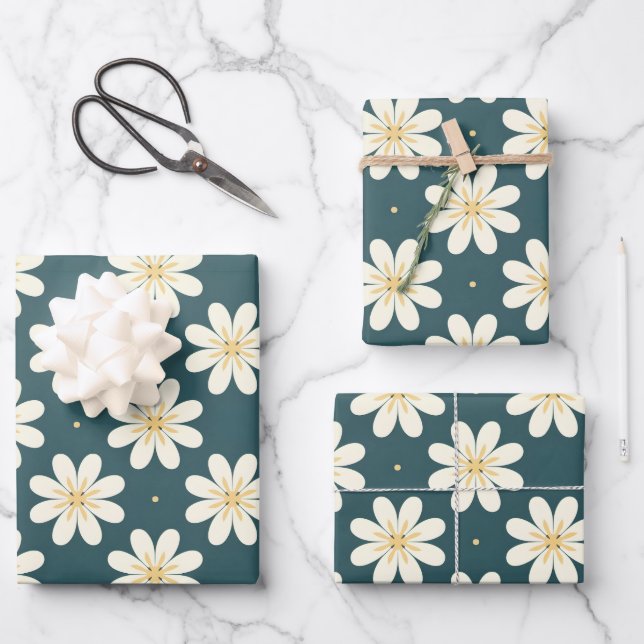 Hoja De Papel De Regalo Patrón de flores blancas y amarillas (Anverso)