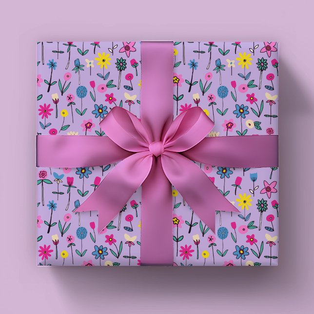 Hoja De Papel De Regalo Patrón de flores caprichosas para niños (Lilac wildflower floral wrapping paper sheets ideal for girls birthday)
