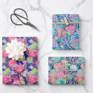 Hoja De Papel De Regalo Patrón de flores de cangrejo de la cubierta oceáni