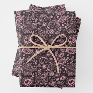 Hoja De Papel De Regalo Patrón de flores de estilo boho de batik negro ros