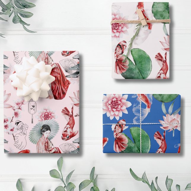 Hoja De Papel De Regalo Patrón de flores de Koi Asia (Japanese Watercolor Art Asian Koi Flower Pattern Wrapping Paper Sheets)