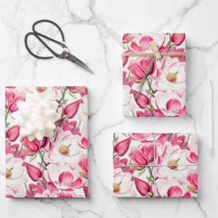 Hoja De Papel De Regalo Patrón de flores de magnolia rosa de color de agua