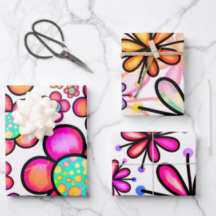 Hoja De Papel De Regalo Patrón de flores doodle coloridas y groovy de los