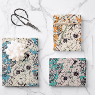 Hoja De Papel De Regalo Patrón de flores gráficas blancas Verde azuladas d