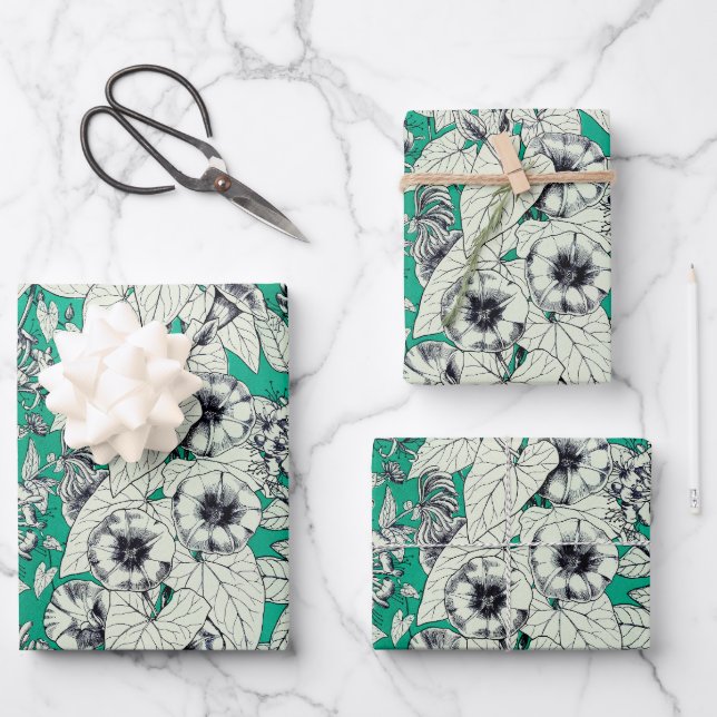 Hoja De Papel De Regalo Patrón de flores gráficas verdes Verde azuladas bl (Anverso)