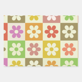 Hoja De Papel De Regalo Patrón de flores retro coloridas a cuadros