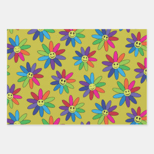 Hoja De Papel De Regalo Patrón de flores retro coloridas con caras felices