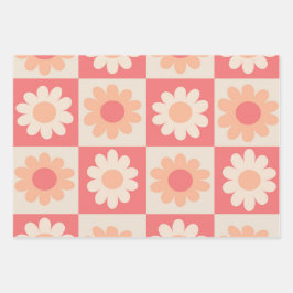 Hoja De Papel De Regalo Patrón de flores retro de melocotón a cuadros