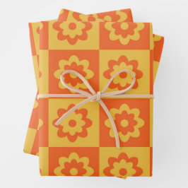 Hoja De Papel De Regalo Patrón de flores retro de naranja y amarillo a cua
