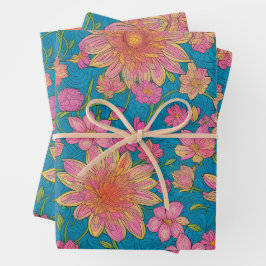 Hoja De Papel De Regalo Patrón de flores rosas sobre fondo azul