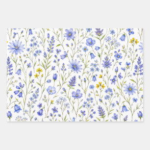 Hoja De Papel De Regalo Patrón de flores silvestres acuarela azul amarillo