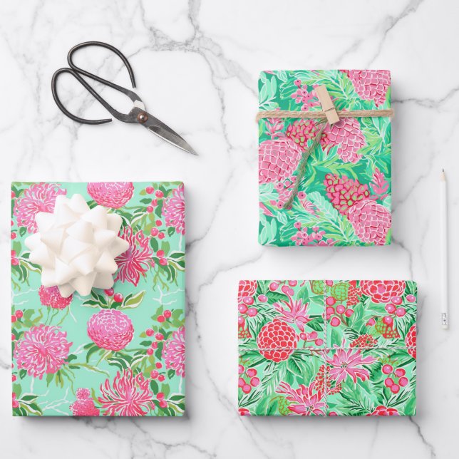 Hoja De Papel De Regalo Patrón de flores tropicales de Palm Beach Preppy (Anverso)