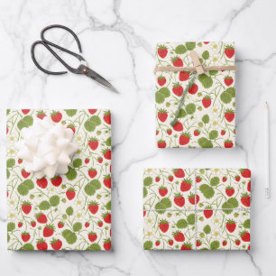 Hoja De Papel De Regalo Patrón de flores y bayas de fresa