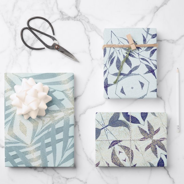 Hoja De Papel De Regalo Patrón de follaje azul brillante (Anverso)