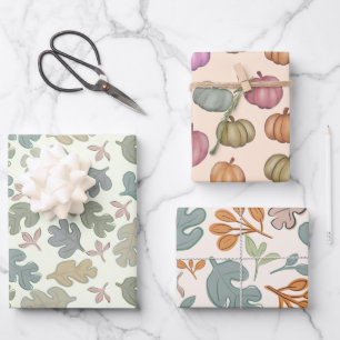Hoja De Papel De Regalo Patrón de follaje y calabaza del pasto de otoño