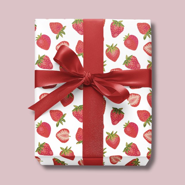 Hoja De Papel De Regalo Patrón de fresa (Strawberry Wrapping Paper Sheets. Also available in rolls. Perfect for girls birthday & baby shower)