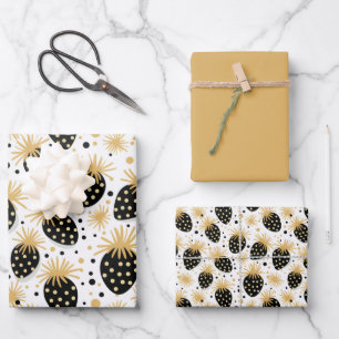 Hoja De Papel De Regalo Patrón de fresa negro y dorado