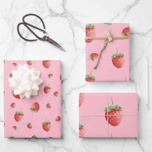 Hoja De Papel De Regalo Patrón de fresa rosa (Anverso)