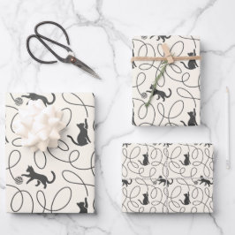 Hoja De Papel De Regalo Patrón de gato negro neutral y bola de hilo