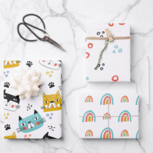 Hoja De Papel De Regalo Patrón De Gatos Y Arcoiris
