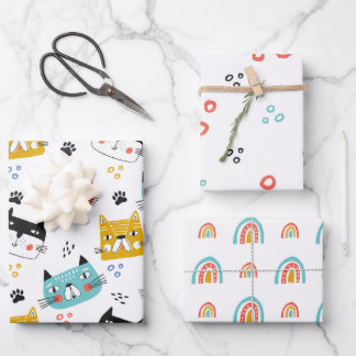 Hoja De Papel De Regalo Patrón De Gatos Y Arcoiris