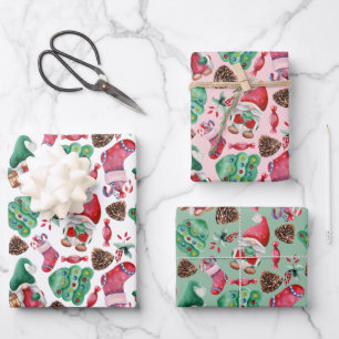 Hoja De Papel De Regalo Patrón de gnomos de Navidad en acuarela adorable