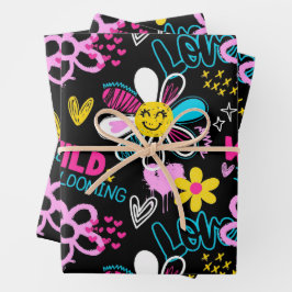 Hoja De Papel De Regalo Patrón de Grafiti de Flor Sonriente de Moda