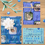 Hoja De Papel De Regalo Patrón De Guión Azul En Azul 4 Foto Hanukkah<br><div class="desc">Crea tu propio papel de envoltura personalizado para Hanukkah con esta tipografía de escritura en azul sobre azul, tres patrones divertidos y tus fotos resaltadas como parte del diseño. Este papel de envoltura azul sobre el personalizado azul Hanukkah es fácil de personalizar para uno de un tipo de envoltorio de...</div>