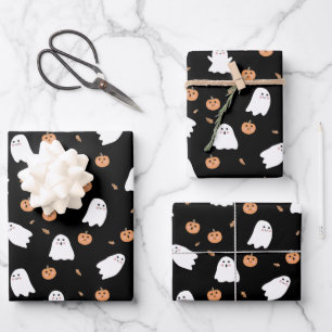 Hoja De Papel De Regalo Patrón de Halloween negro con ghost y calabaza