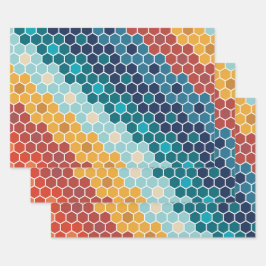 Hoja De Papel De Regalo Patrón de hexágono de mosaico retro-floral colorid