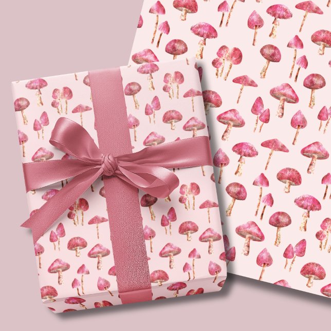 Hoja De Papel De Regalo Patrón de hongo rosa (Pink mushroom wrapping paper sheets. Woodland mushrooms on soft pink background.)