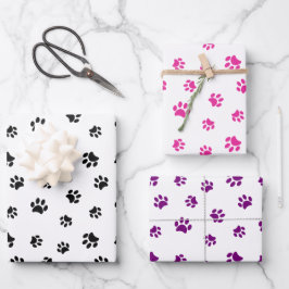 Hoja De Papel De Regalo Patrón de huellas de patas negras, rosas y moradas