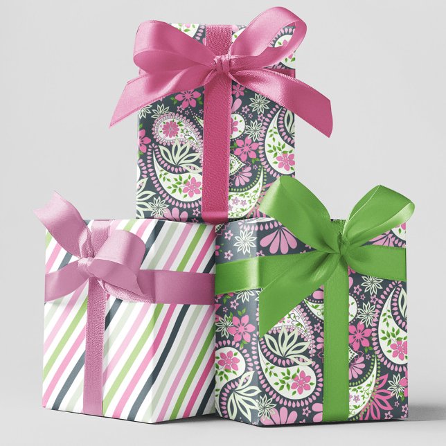 Hoja De Papel De Regalo Patrón de impresión rosada paisley brillante (Pink and grey paisley print wrapping paper)