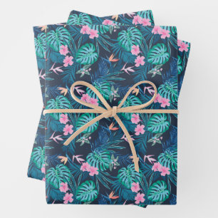 Hoja De Papel De Regalo Patrón de jardín de flores tropical azul