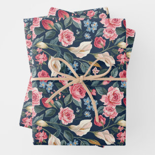 Hoja De Papel De Regalo Patrón de jardín floral azul marino romántico
