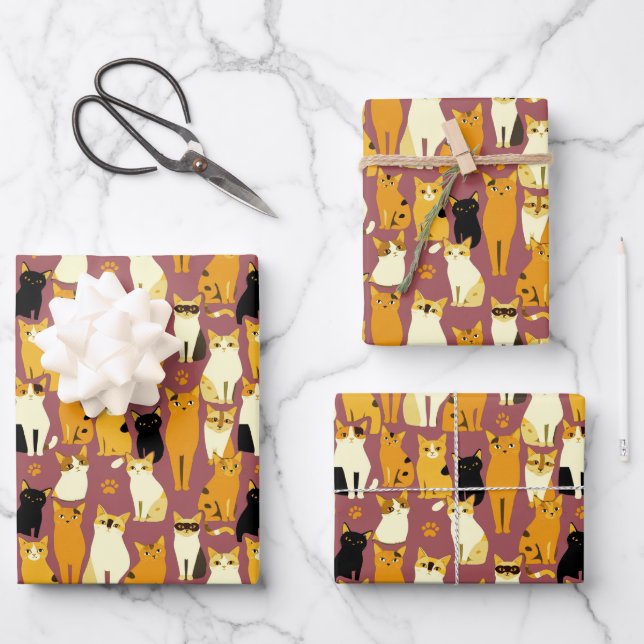 Hoja De Papel De Regalo Patrón de jengibre, gatos negros y blancos (Anverso)