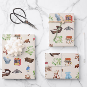 Hoja De Papel De Regalo Patrón de Juguetes Neutrales Vintage Nursery Baby
