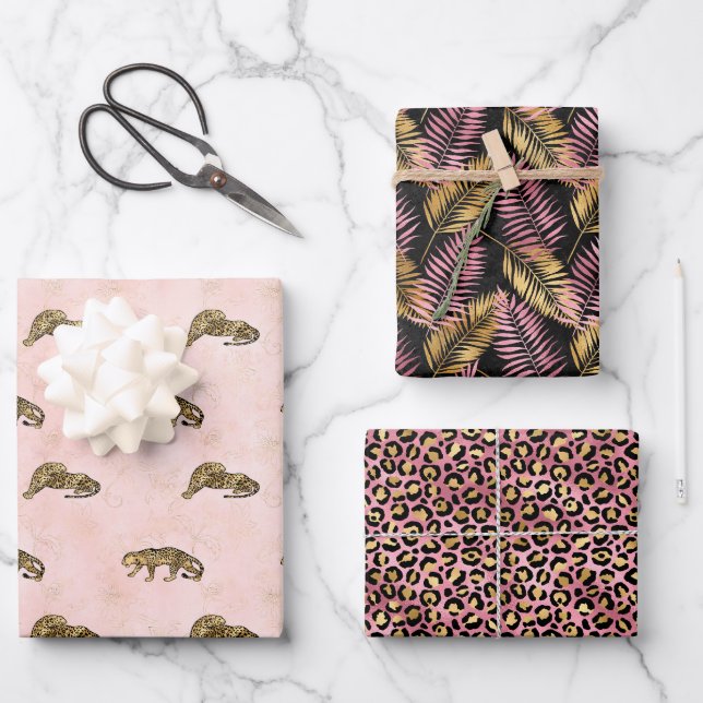 Hoja De Papel De Regalo Patrón de jungla dorada y rosa Leopardo (Anverso)