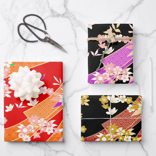 Hoja De Papel De Regalo Patrón de kimono floral (Anverso)