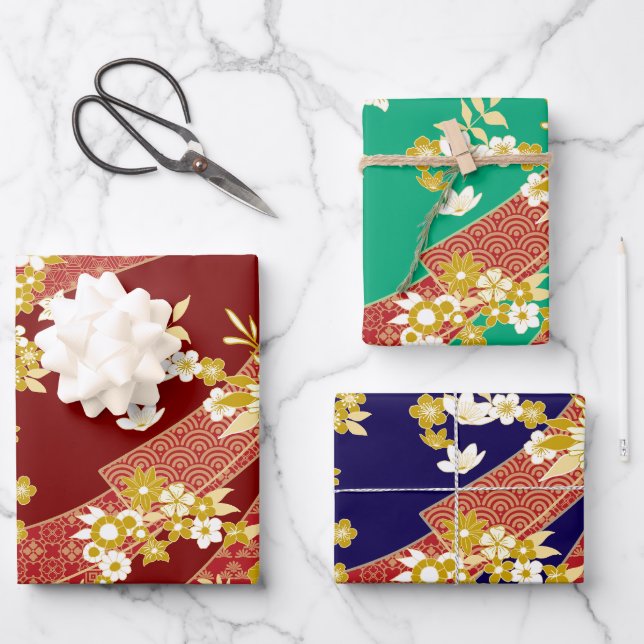 Hoja De Papel De Regalo Patrón de Kimono floral Rojo Dorado (Anverso)