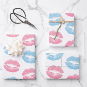 Hoja De Papel De Regalo Patrón de labios azules y rosas, lápiz labial, bes