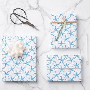 Hoja De Papel De Regalo Patrón de las estrellas del mar azul acuarela