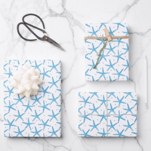 Hoja De Papel De Regalo Patrón de las estrellas del mar azul acuarela (Anverso)