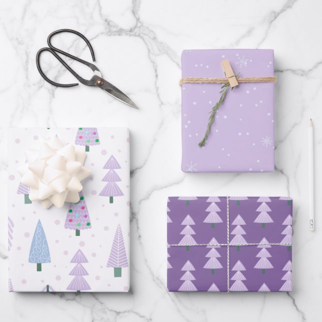 Hoja De Papel De Regalo Patrón de lavanda de los árboles navideños moderno (Anverso)